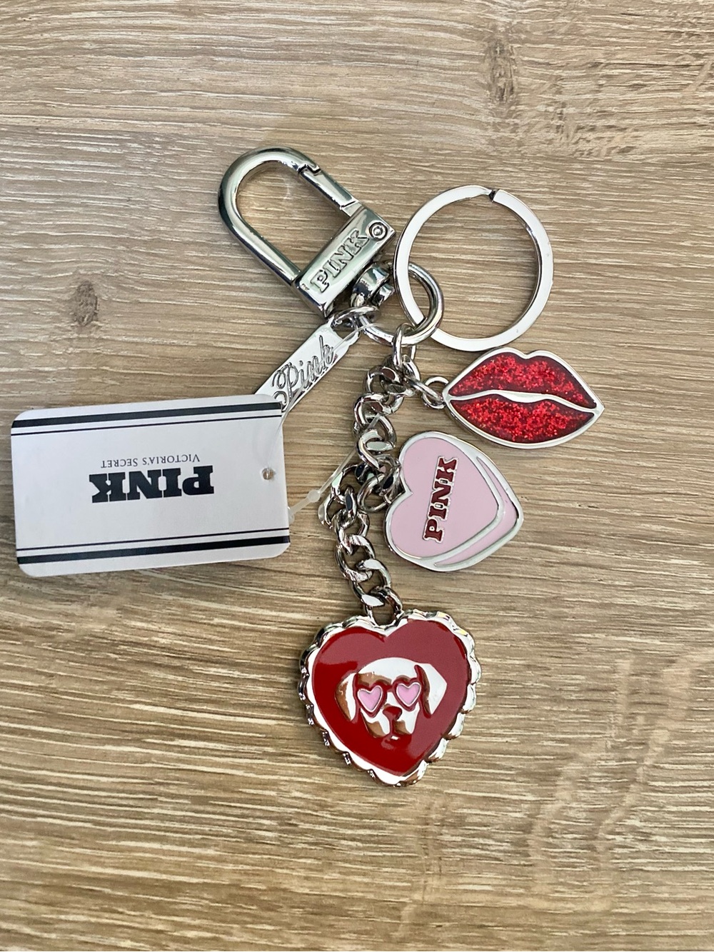 PINK Victoria's Secret Red & Pink Heart and Lip Charm Keychain